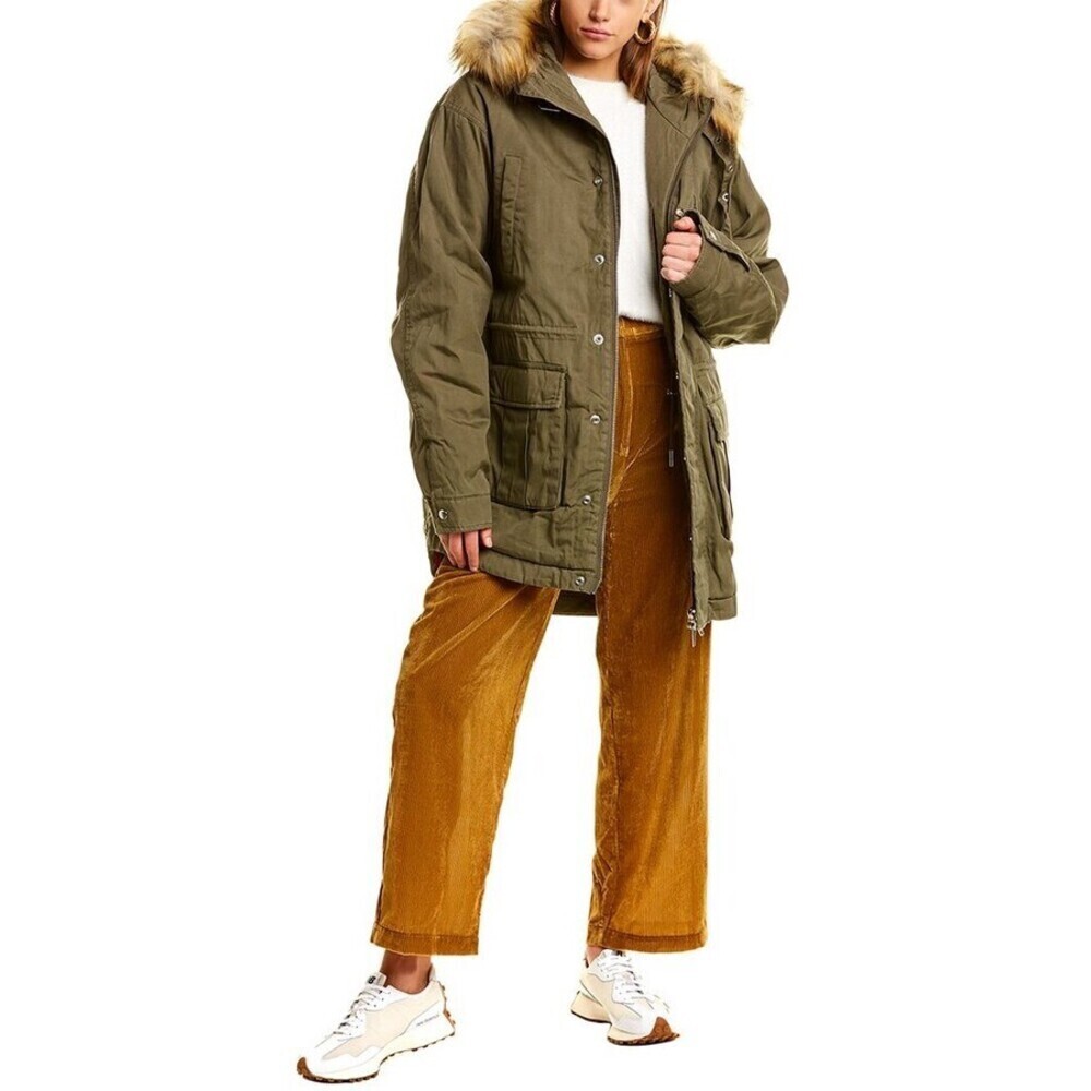 The Kooples Women's Parka Check Plaid Cotton Khaki Faux Fur Collar Sz 2 $725USD